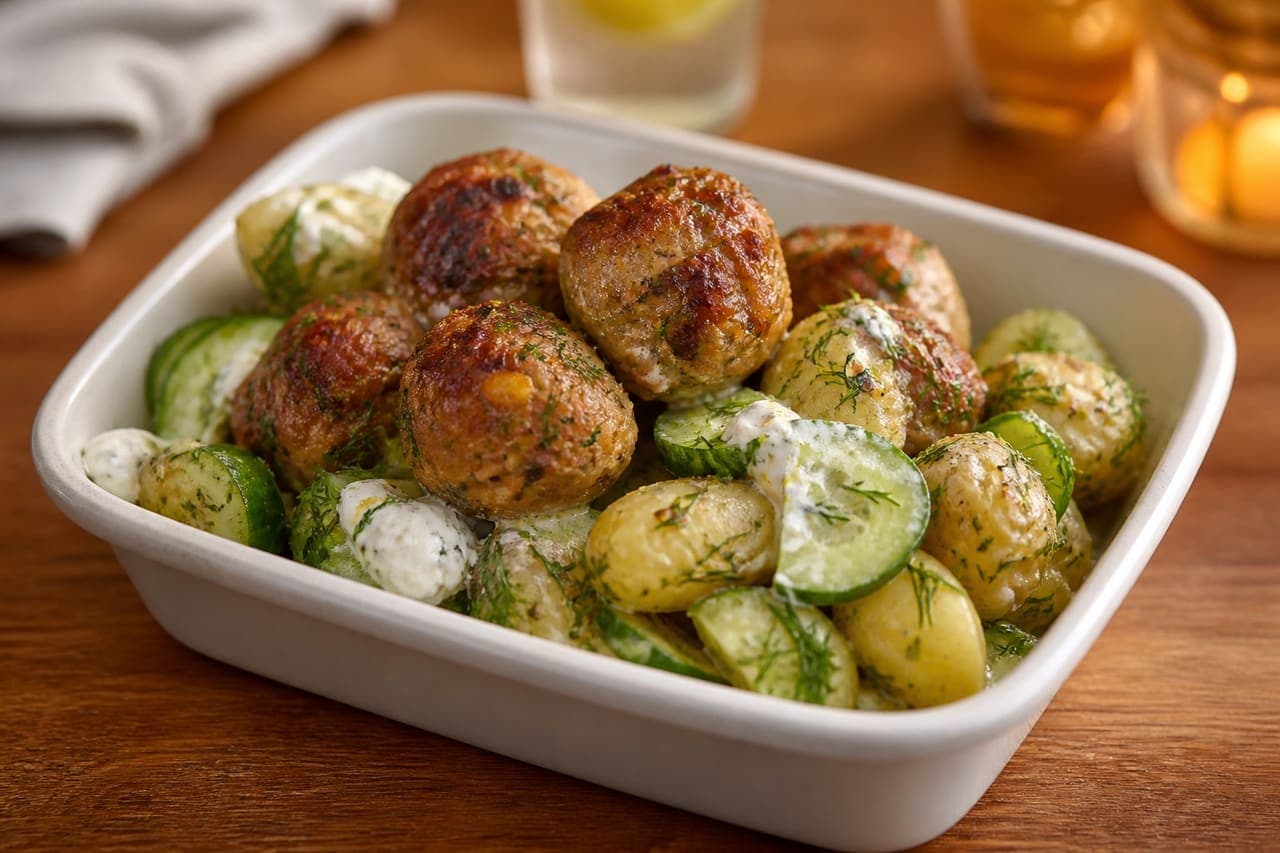 Paprika Pork Meatballs with Warm Dill Potato Salad.