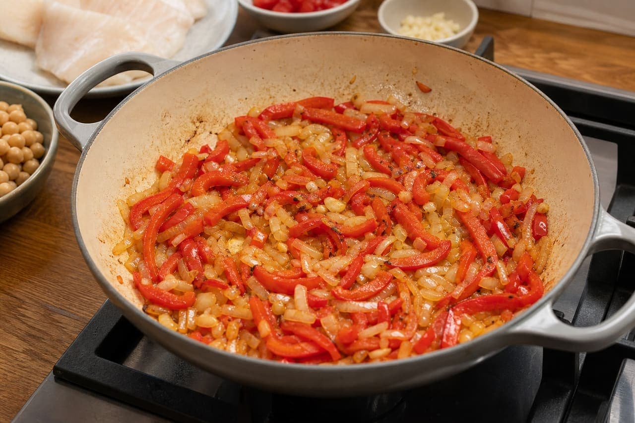 Smoky Cod Chickpea Pepper Stew with Lemon and Parsley cooking step 2: Soften the peppers.