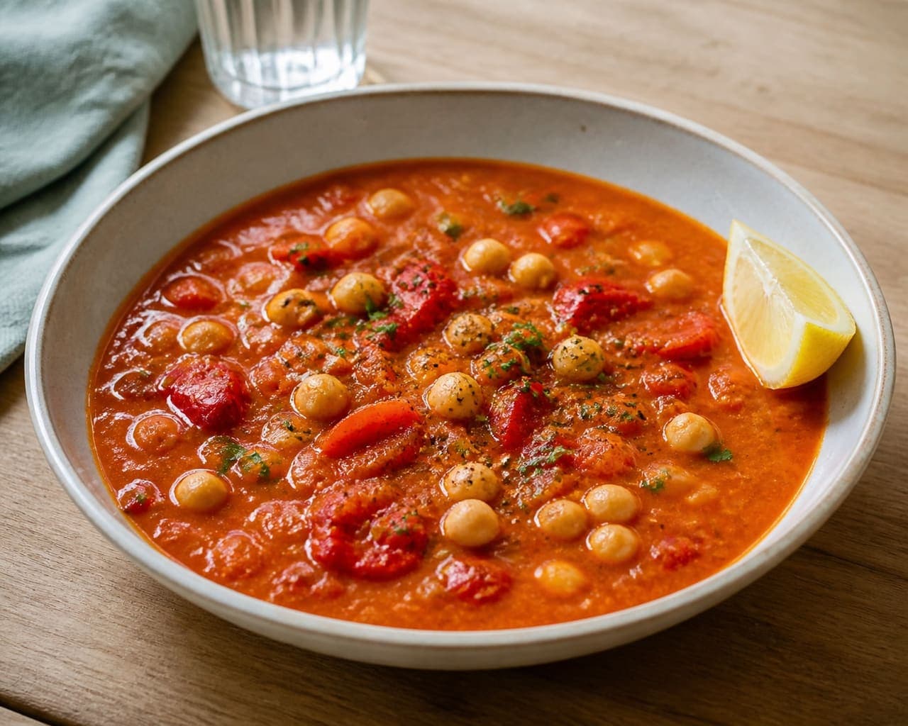 Smoky Red Pepper Chickpea Soup with Lemon Parsley.
