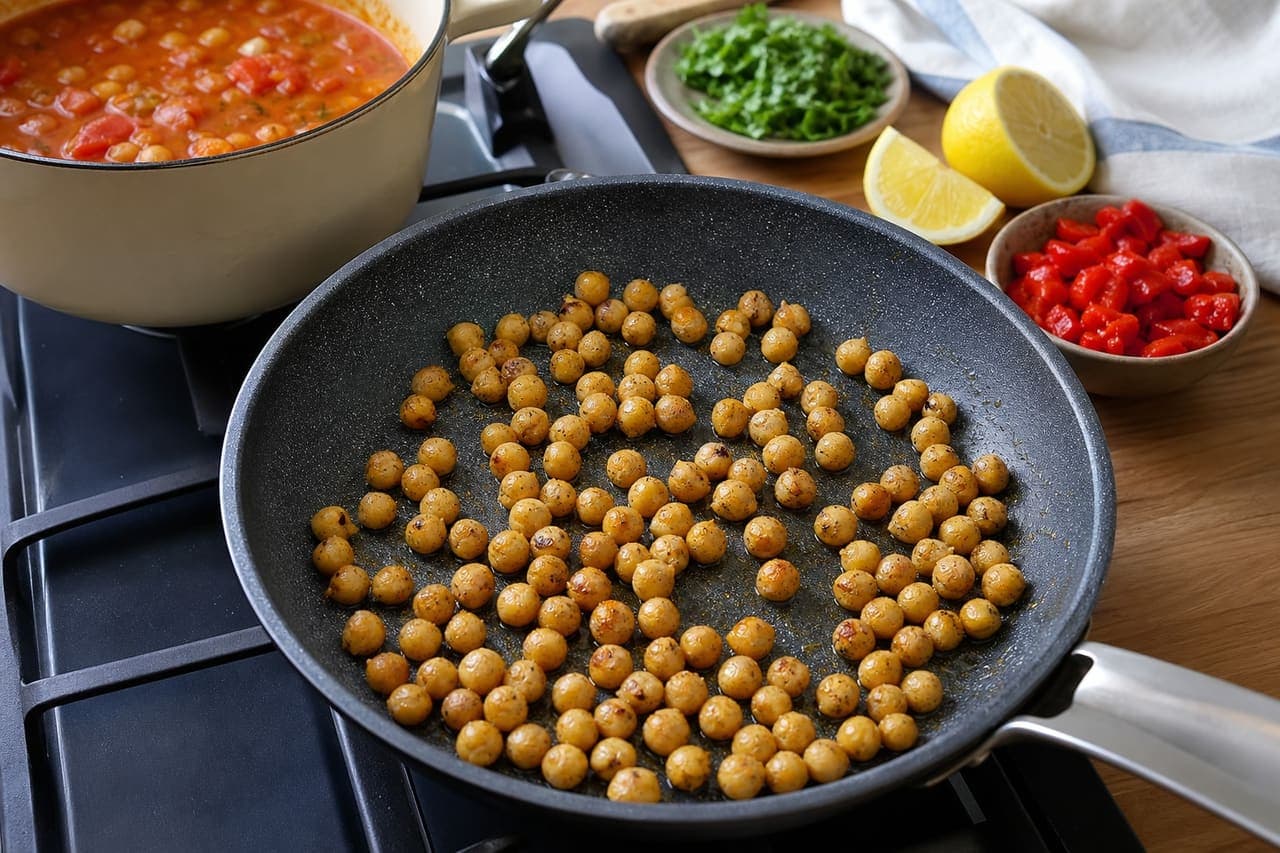 Smoky Red Pepper Chickpea Soup with Lemon Parsley cooking step 5: Crisp the chickpeas.