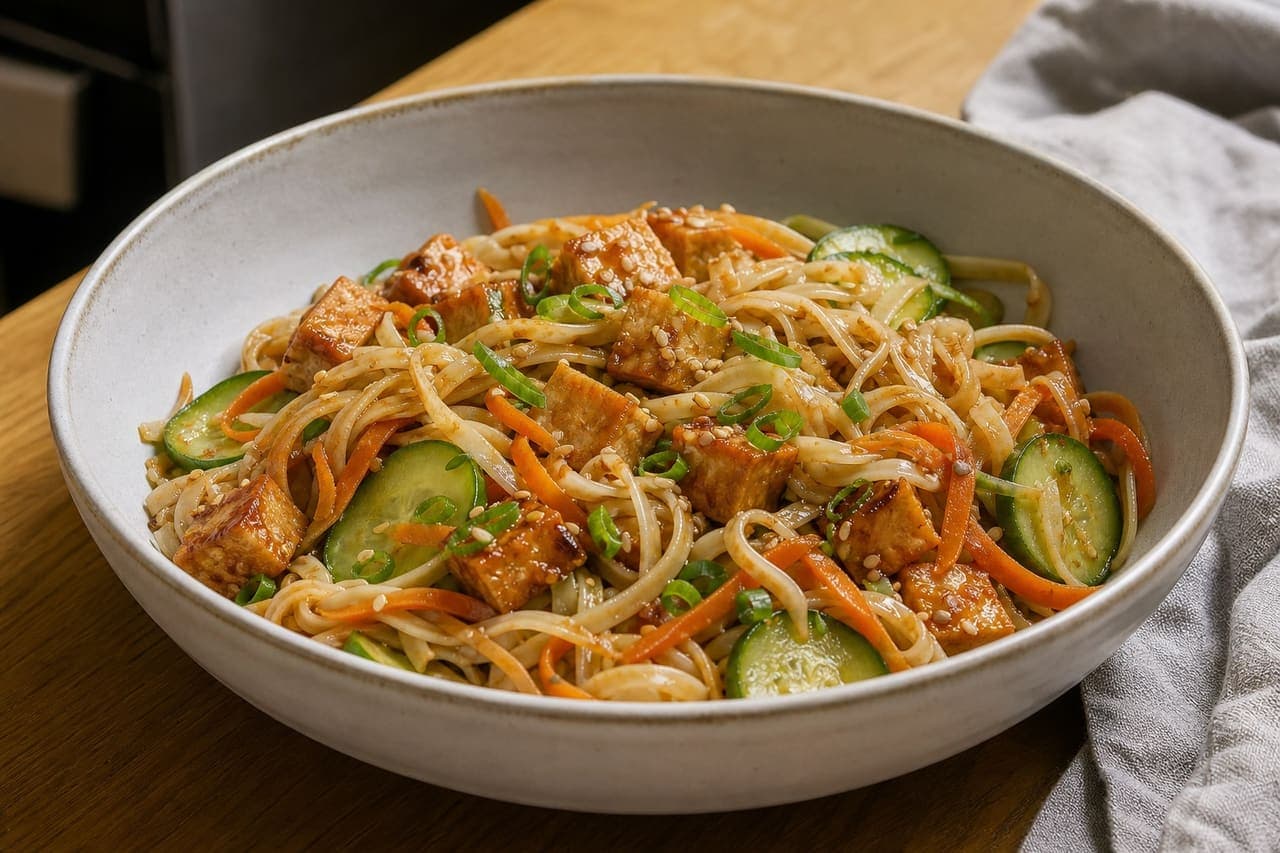 Sticky Sesame Tofu Noodles with Quick Cucumber Pickle.