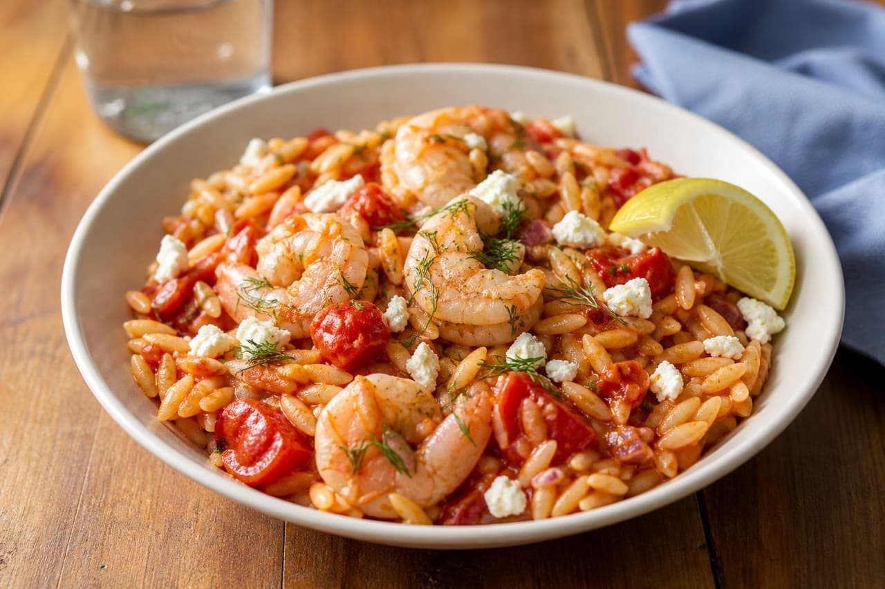 Tomato Prawn Orzo with Feta, Dill and Lemon.