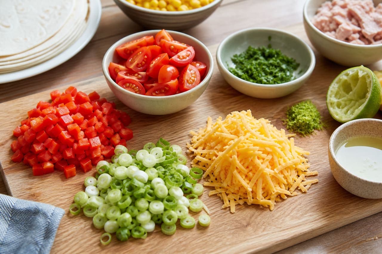 Smoky Turkey Sweetcorn Quesadilla Wedges with Tomato Salsa cooking step 1: Prepare the vegetables.