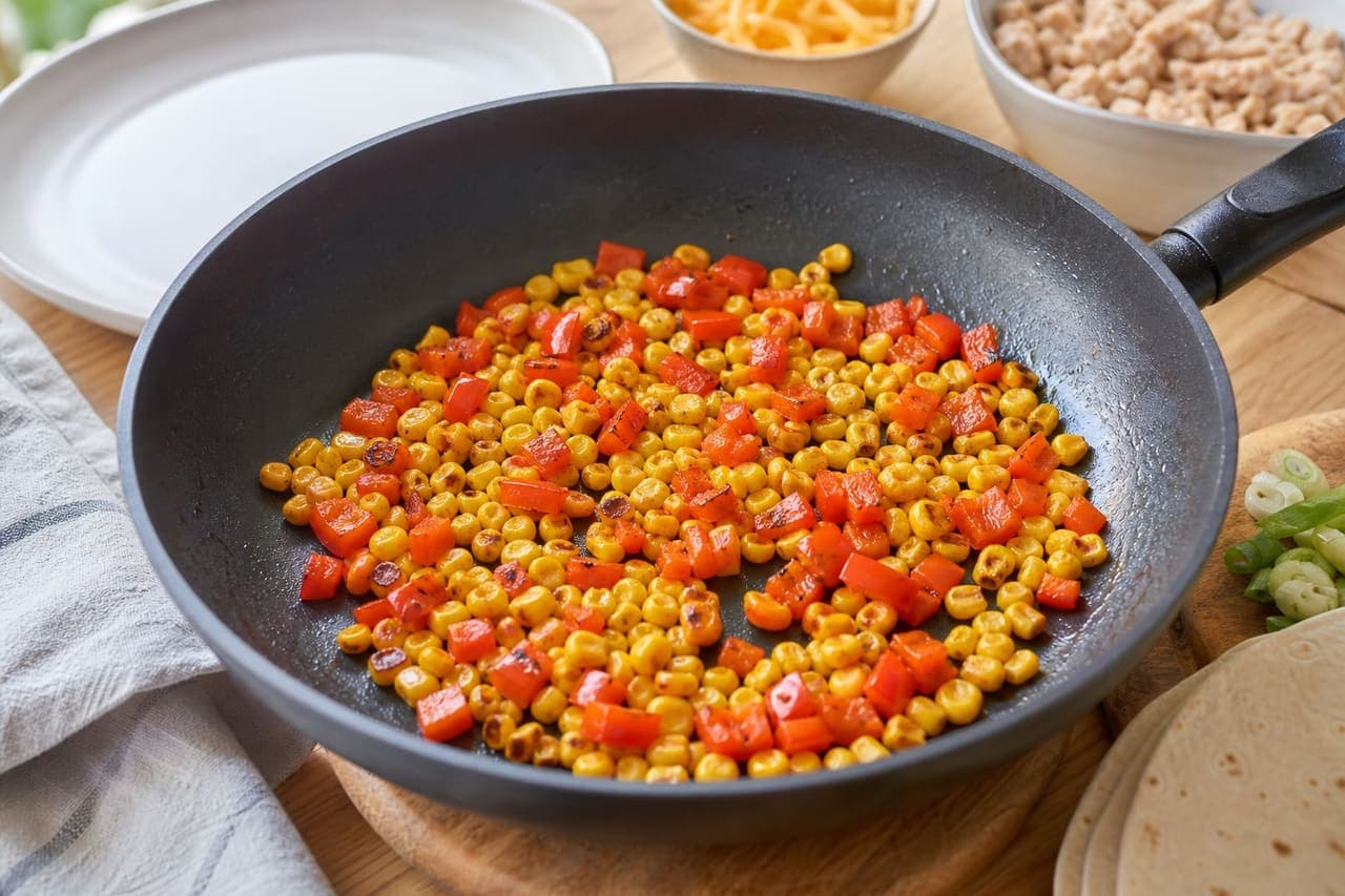 Smoky Turkey Sweetcorn Quesadilla Wedges with Tomato Salsa cooking step 2: Char the corn and pepper.