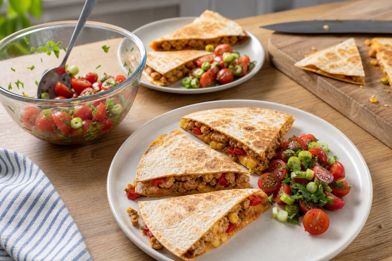 Smoky Turkey Sweetcorn Quesadilla Wedges with Tomato Salsa cooking step 6: Make the salsa and serve.