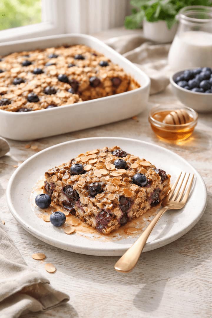 Blueberry Almond Baked Oats plated and ready to serve.
