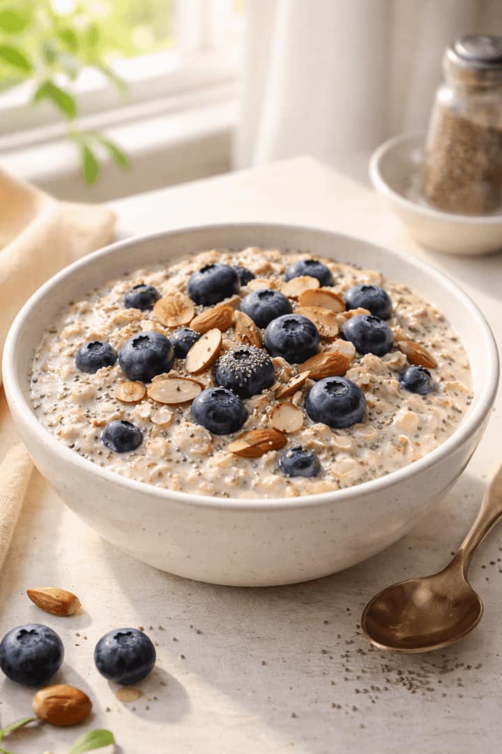 Blueberry Almond Overnight Oats plated and ready to serve.
