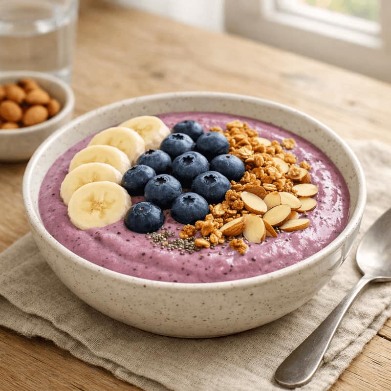 Blueberry Almond Smoothie Bowls plated and ready to serve.
