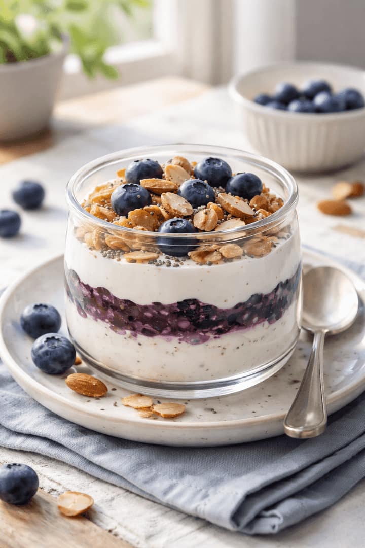Blueberry Almond Yogurt Pots plated and ready to serve.