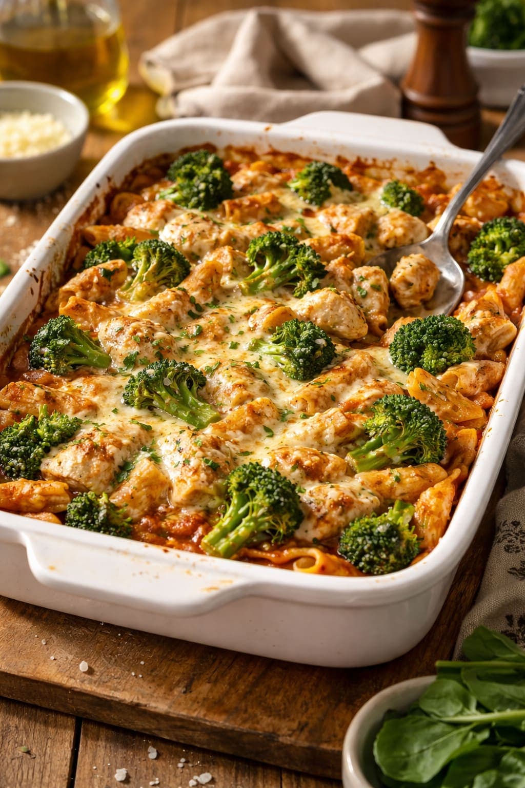 Chicken Broccoli Pasta Bake plated and ready to serve.