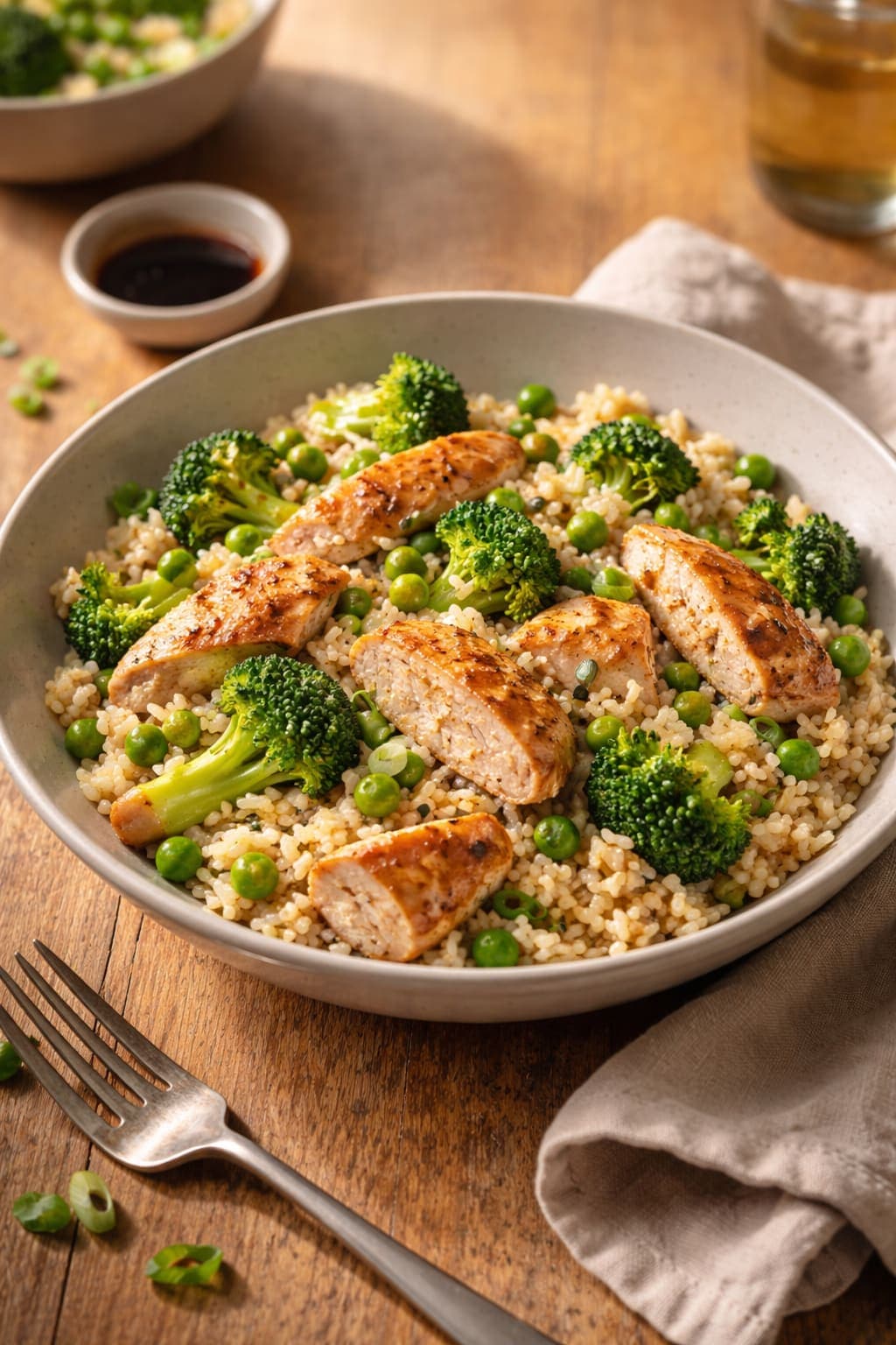 Chicken Broccoli Rice Bowls plated and ready to serve.