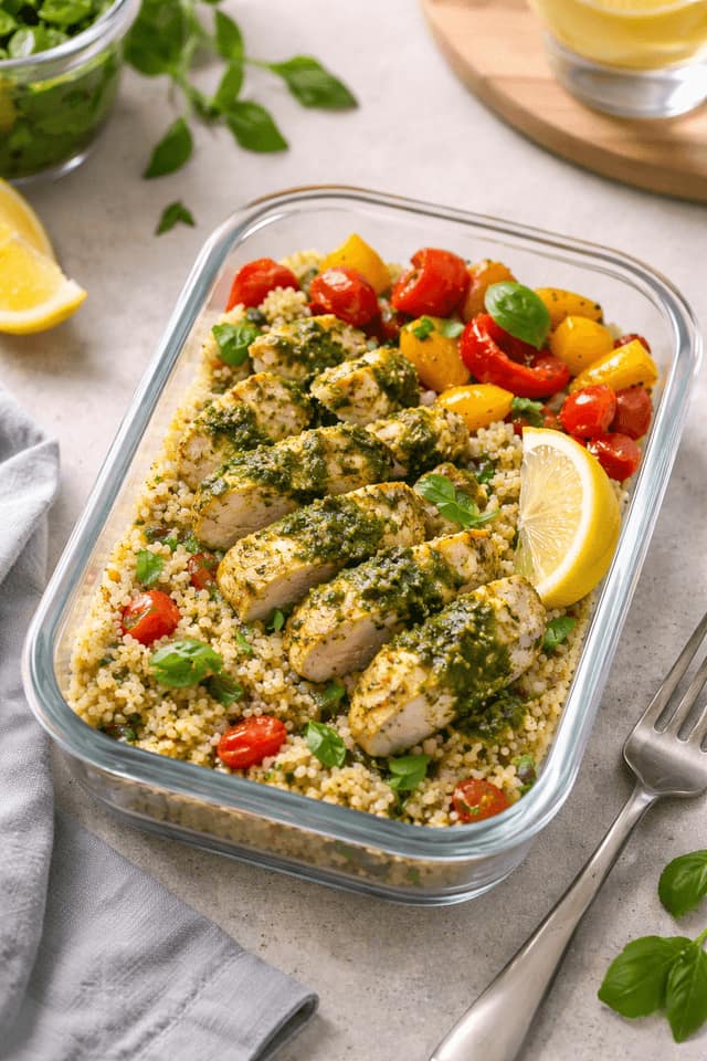 Chicken Pesto Couscous Boxes plated and ready to serve.