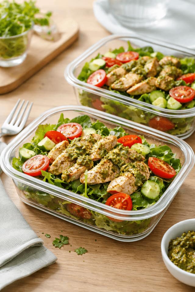 Chicken Pesto Salad Boxes plated and ready to serve.