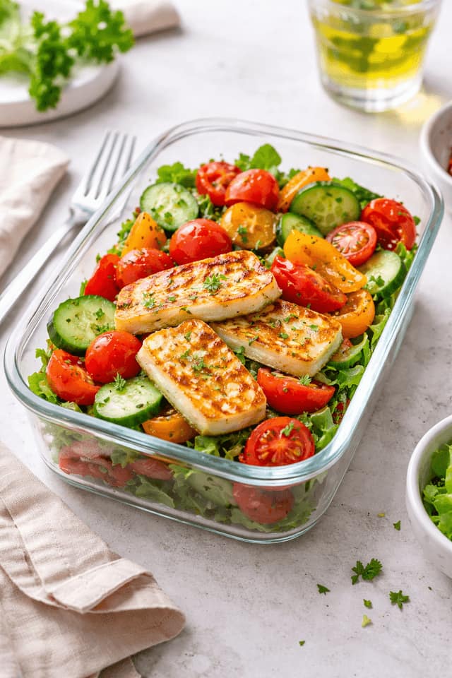 Halloumi Pepper Salad Boxes plated and ready to serve.