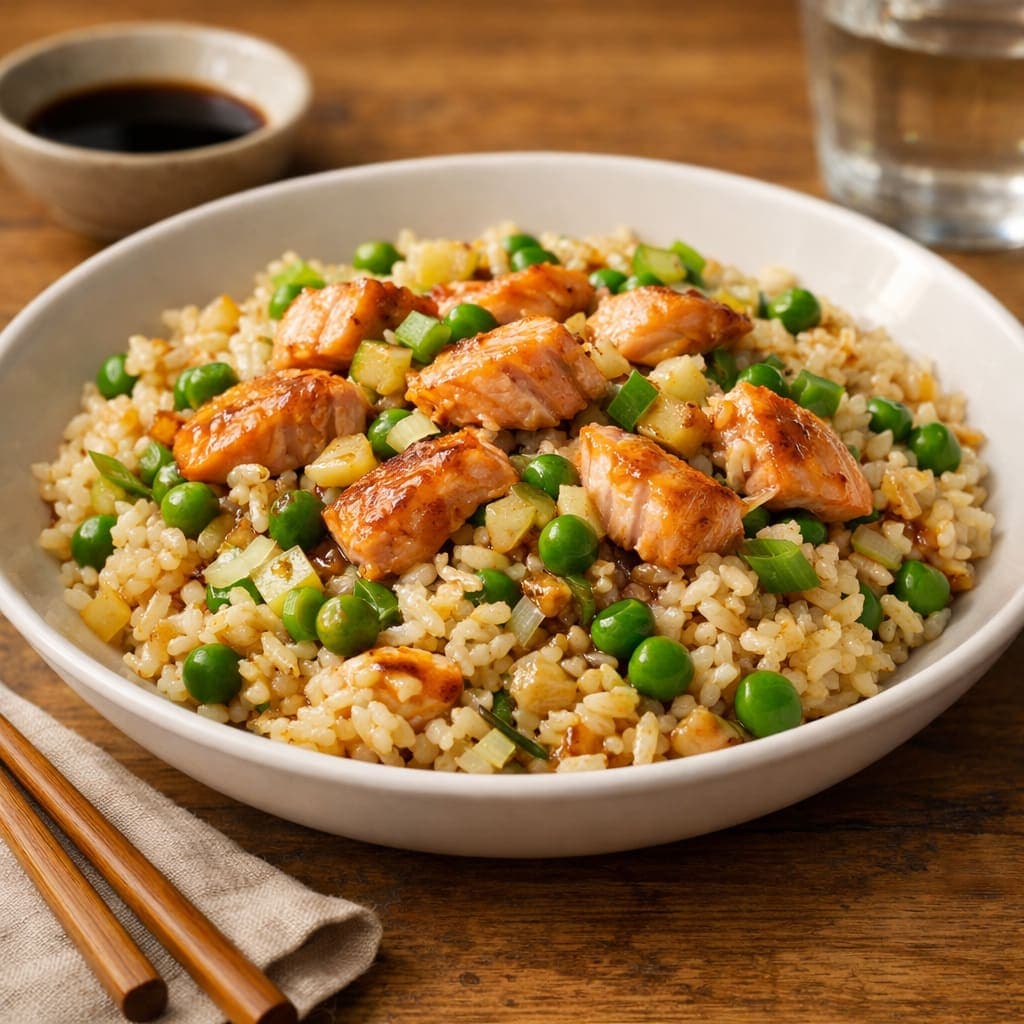 Salmon Ginger Rice Bowls plated and ready to serve.