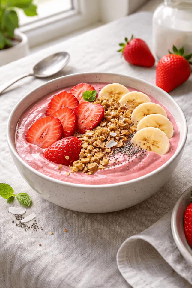 Strawberry Banana Smoothie Bowls plated and ready to serve.