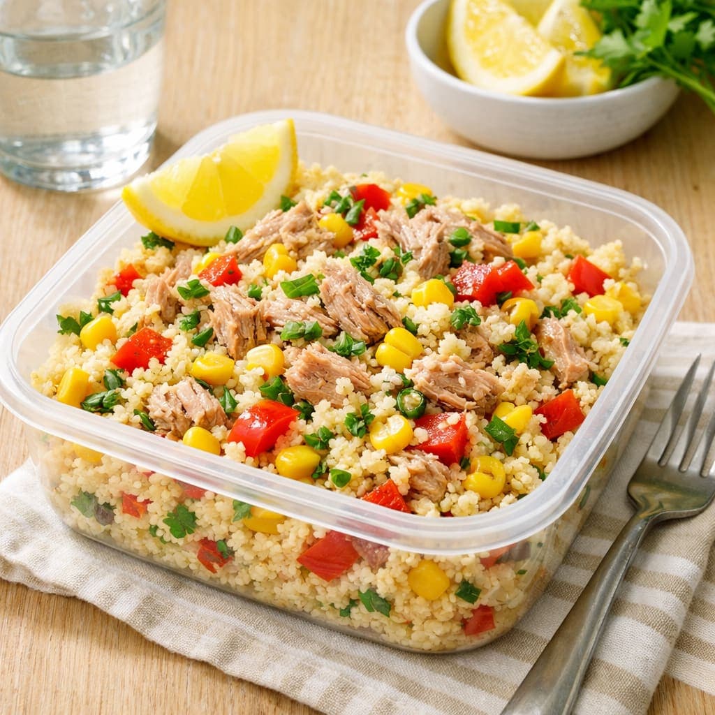 Tuna Sweetcorn Couscous Boxes plated and ready to serve.