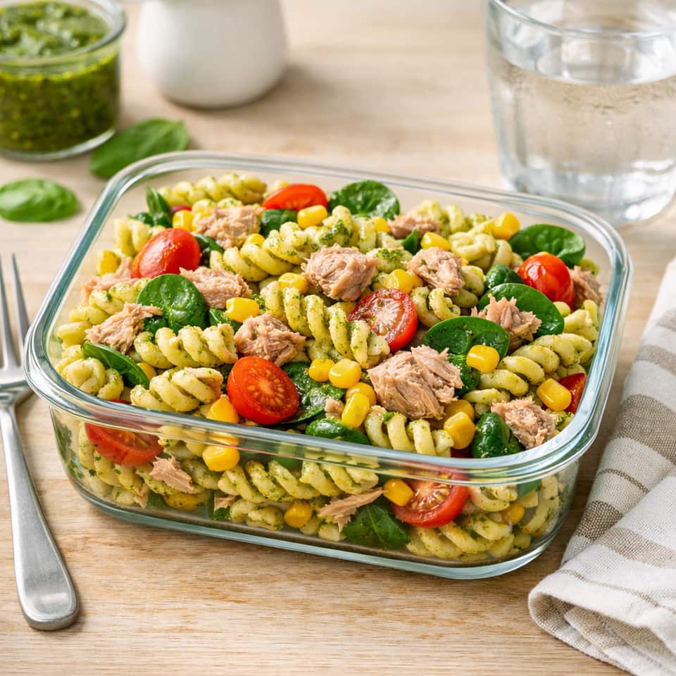 Tuna Sweetcorn Pasta Salad plated and ready to serve.