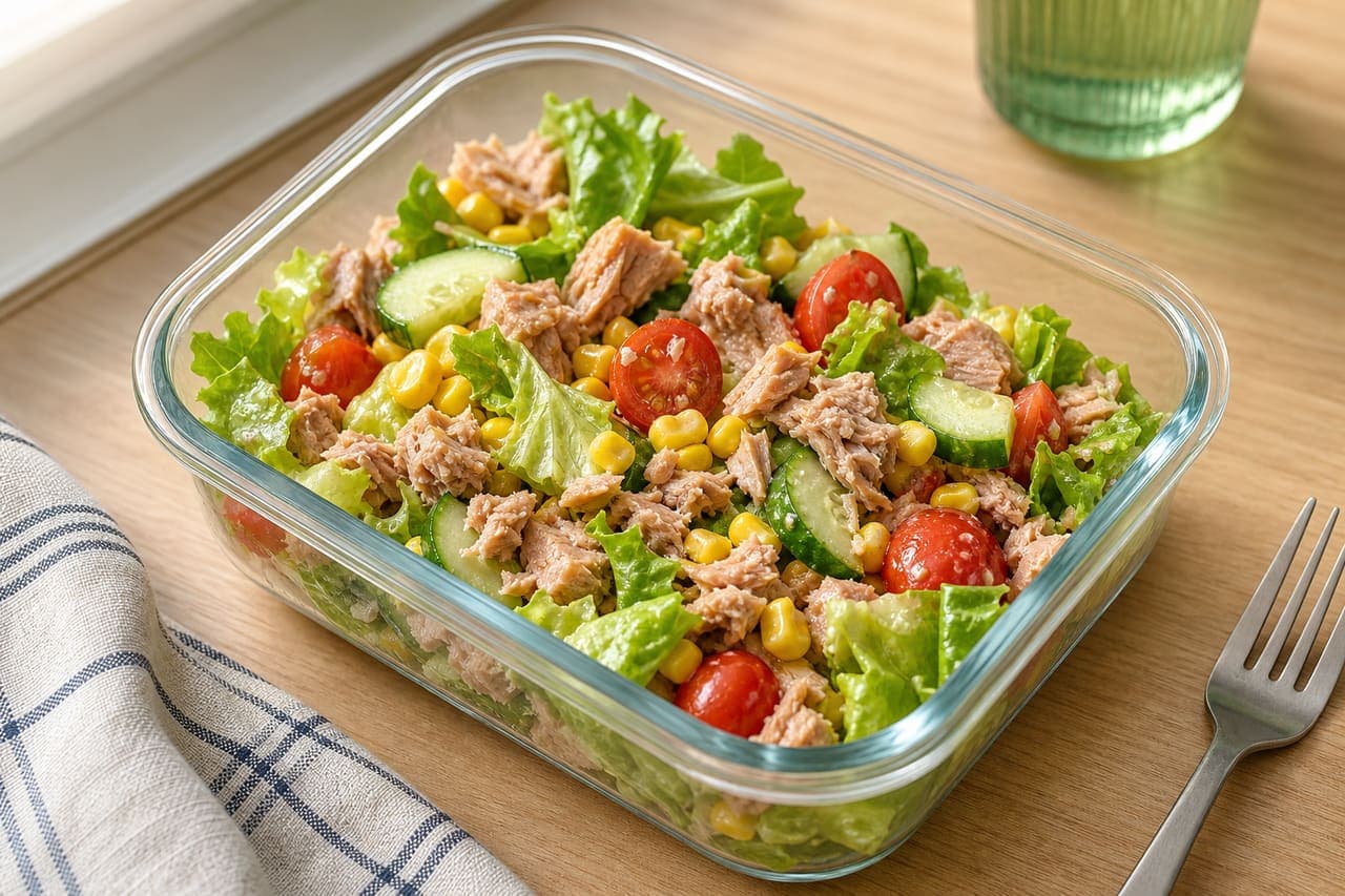 Tuna Sweetcorn Salad Boxes plated and ready to serve.
