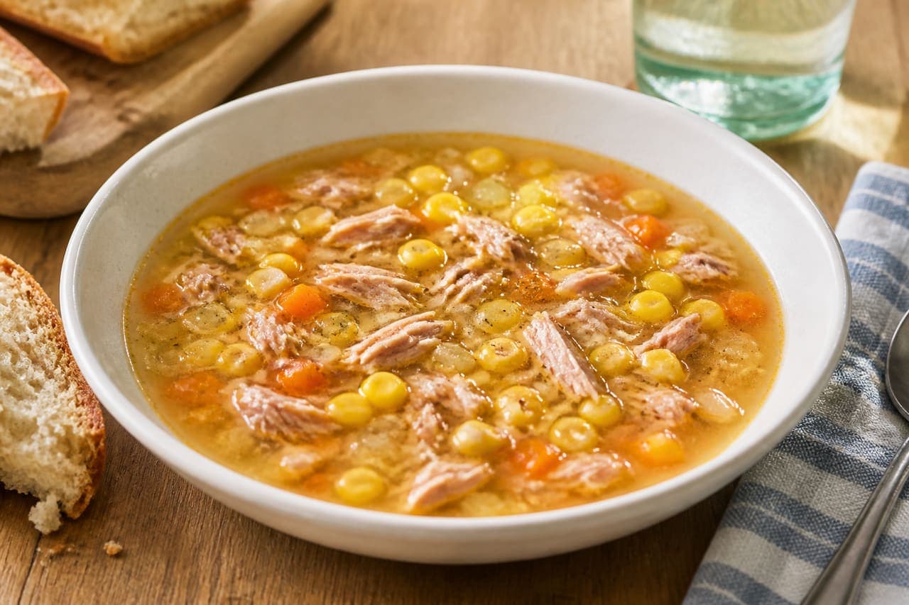 Tuna Sweetcorn Soup Pots plated and ready to serve.