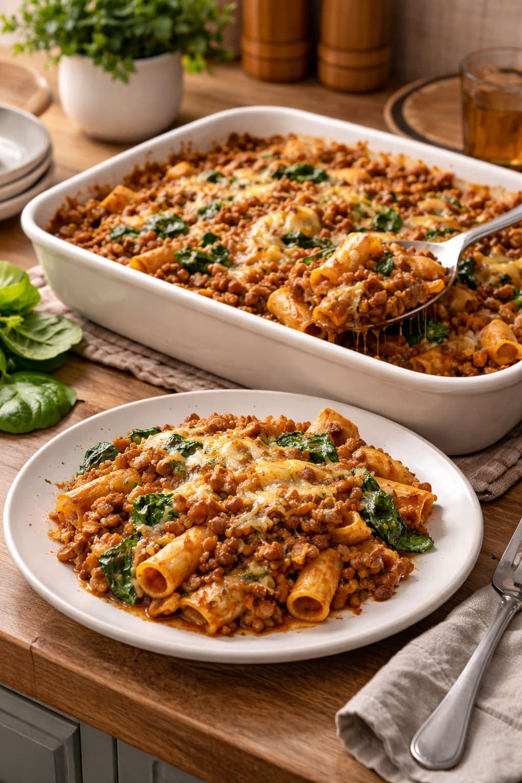 Turkey Lentil Pasta Bake plated and ready to serve.