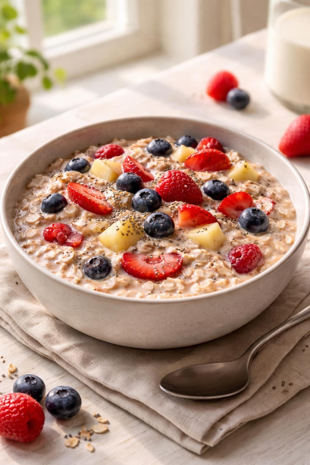 Apple Berry Overnight Oats plated and ready to serve.