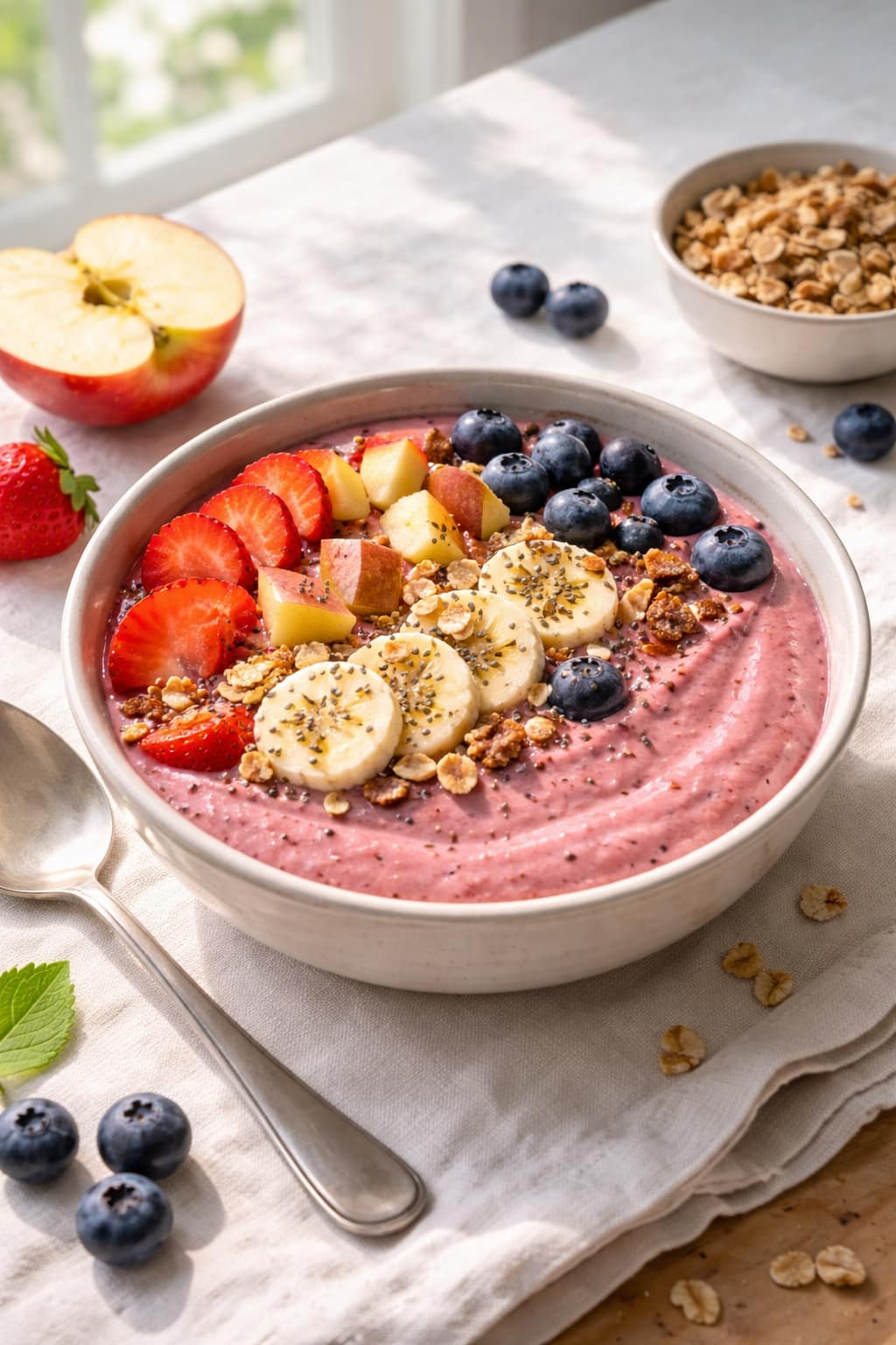Apple Berry Smoothie Bowls plated and ready to serve.