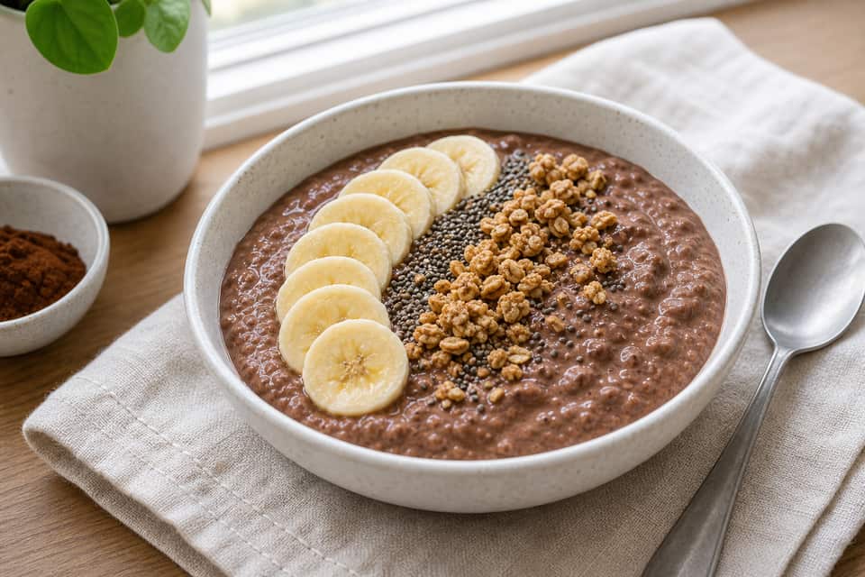 Banana Cacao Smoothie Bowls plated and ready to serve.
