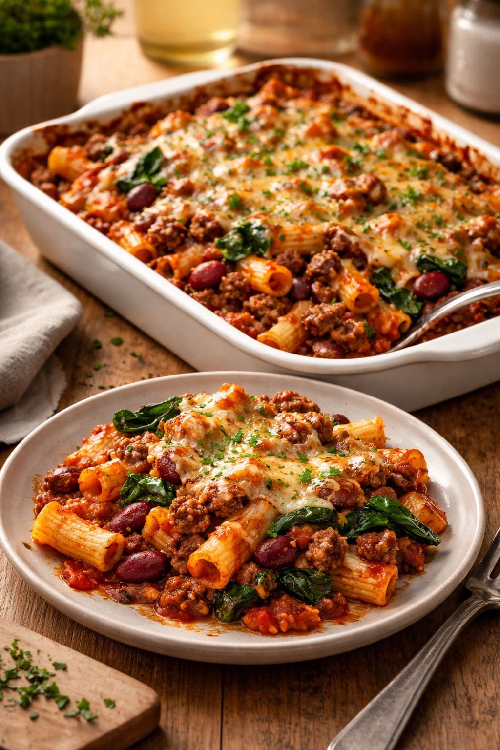 Beef Bean Pasta Bake plated and ready to serve.