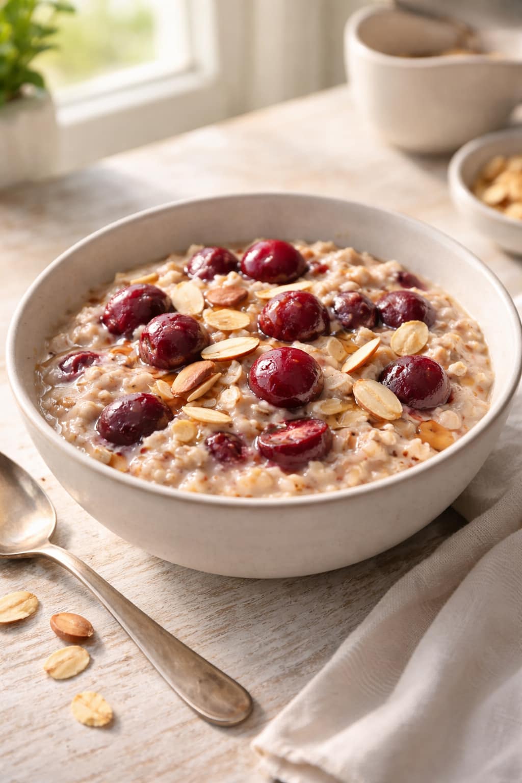 Cherry Almond Porridge plated and ready to serve.