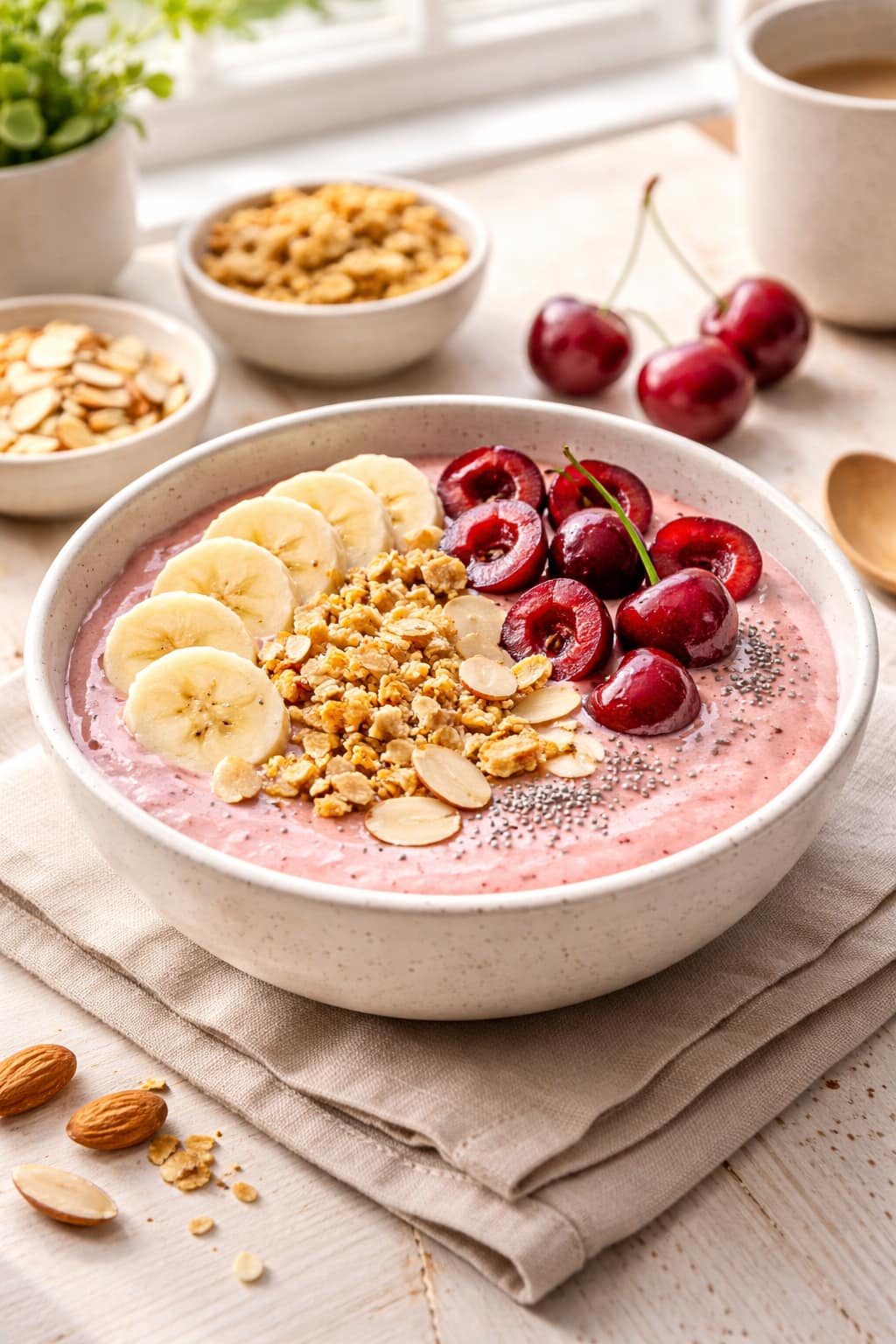 Cherry Almond Smoothie Bowls plated and ready to serve.