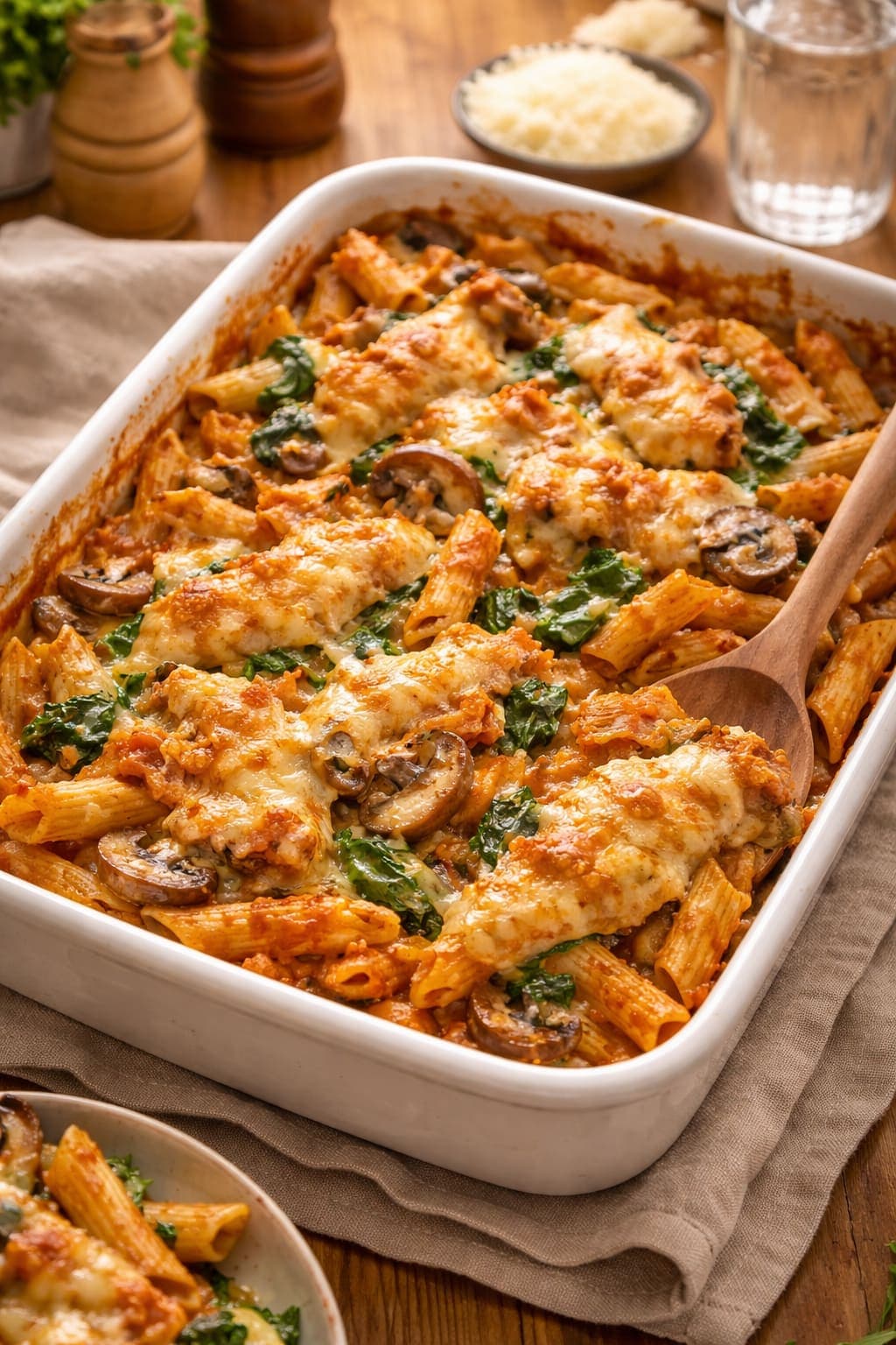 Chicken Mushroom Pasta Bake plated and ready to serve.