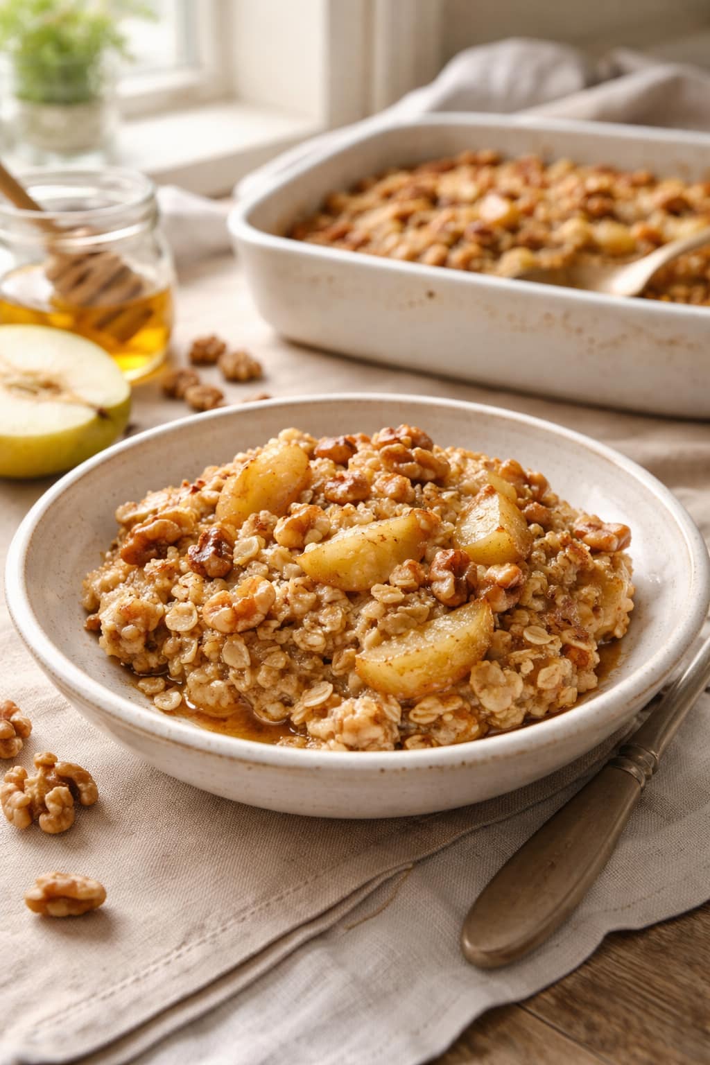 Pear Walnut Baked Oats plated and ready to serve.