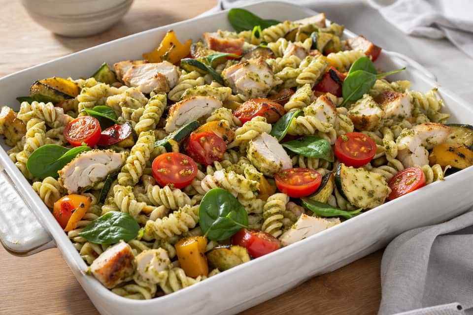 Roast Chicken Pasta Salad plated and ready to serve.