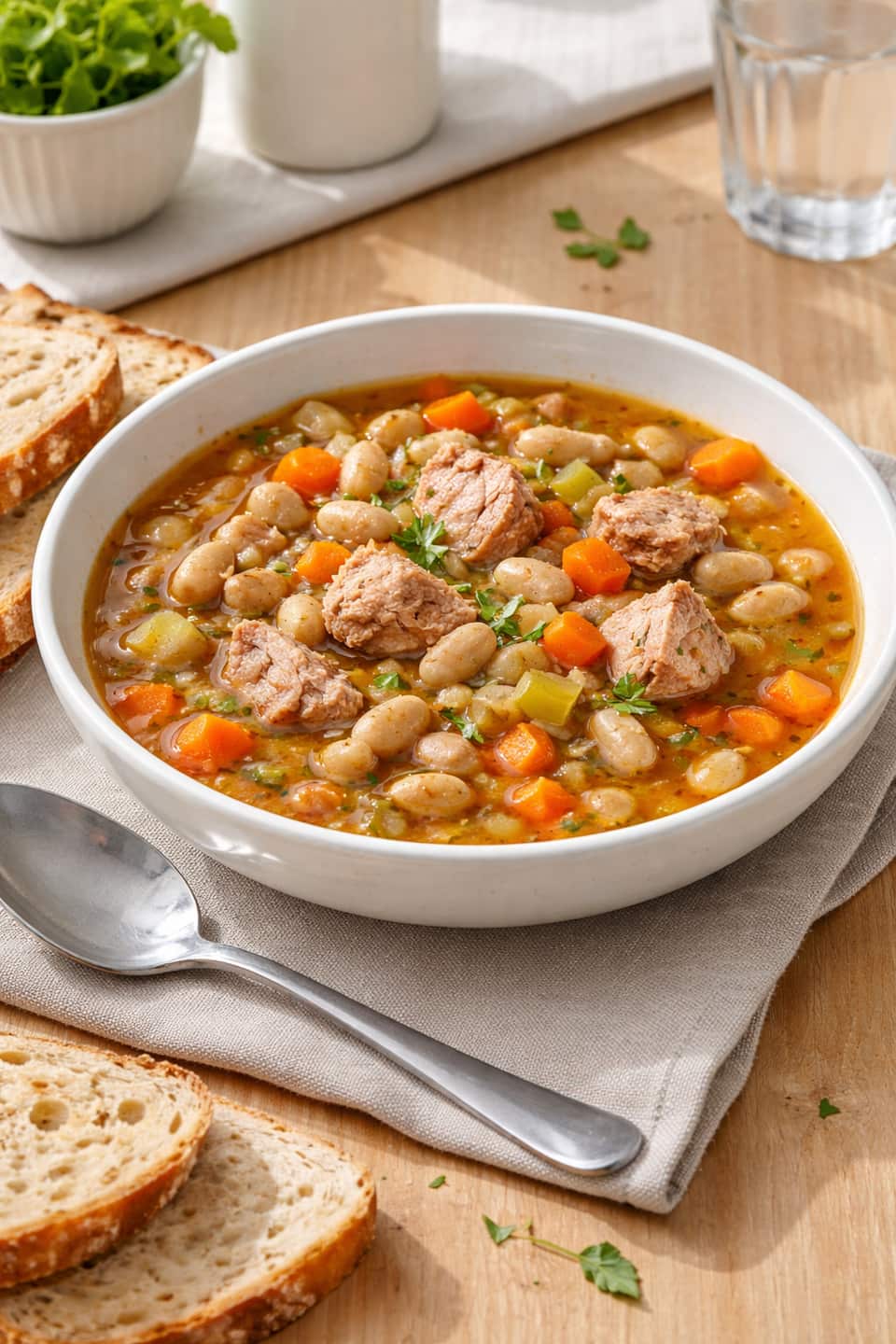 Tuna Bean Soup Pots plated and ready to serve.