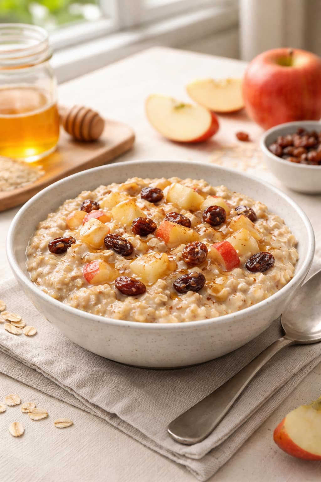 Apple Raisin Porridge plated and ready to serve.