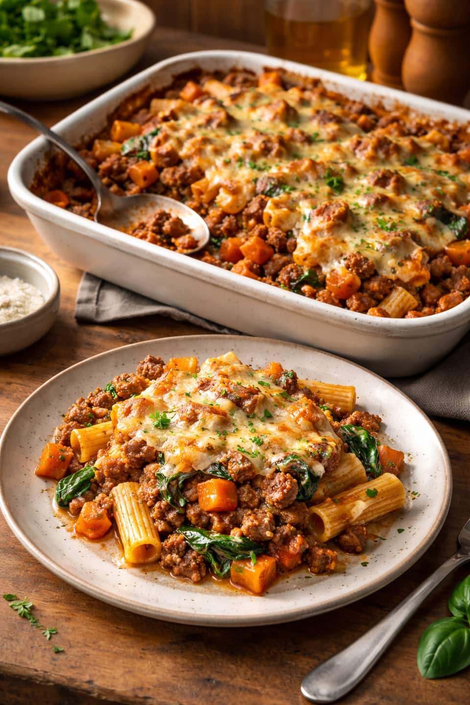 Beef Carrot Pasta Bake plated and ready to serve.
