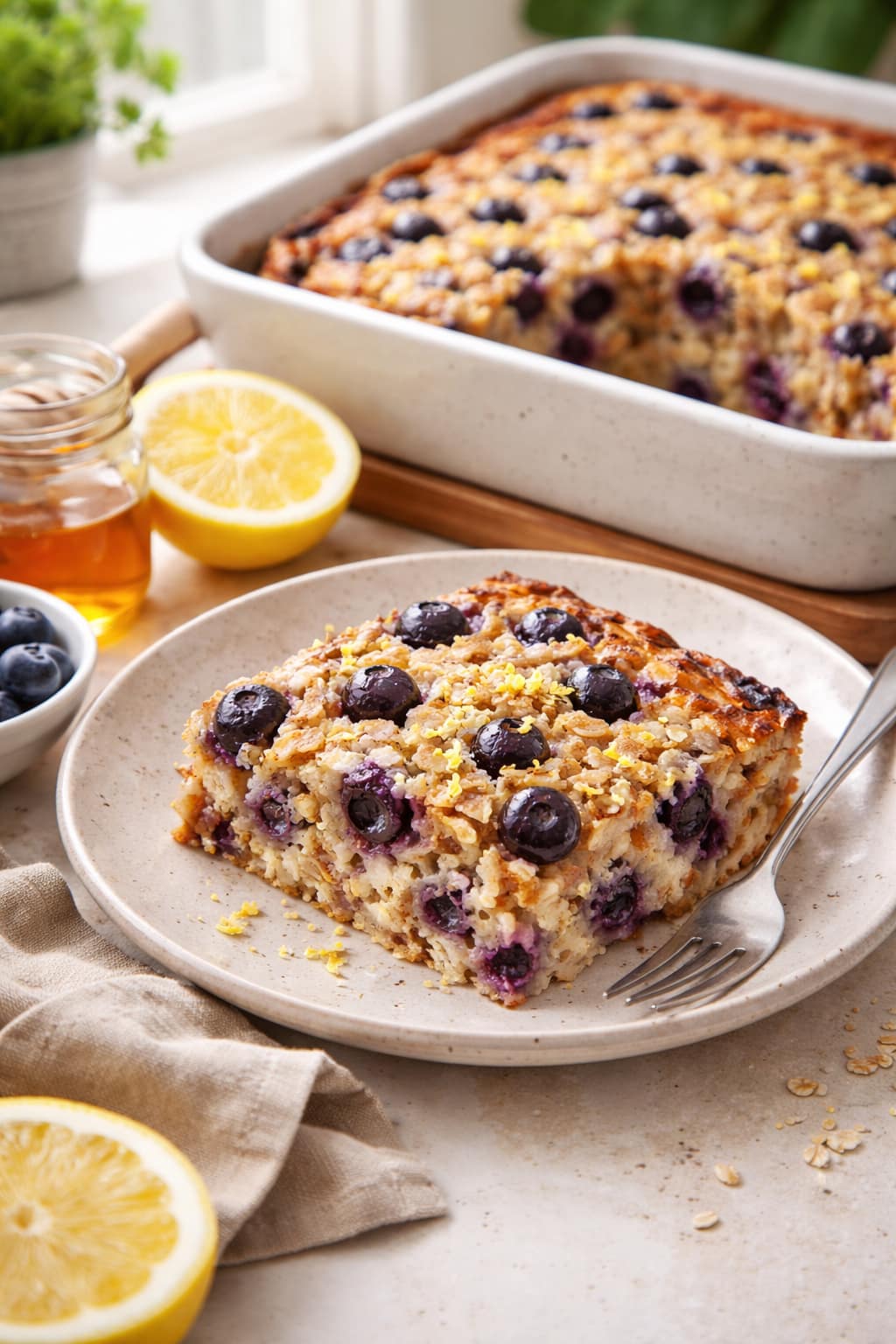 Blueberry Lemon Baked Oats plated and ready to serve.