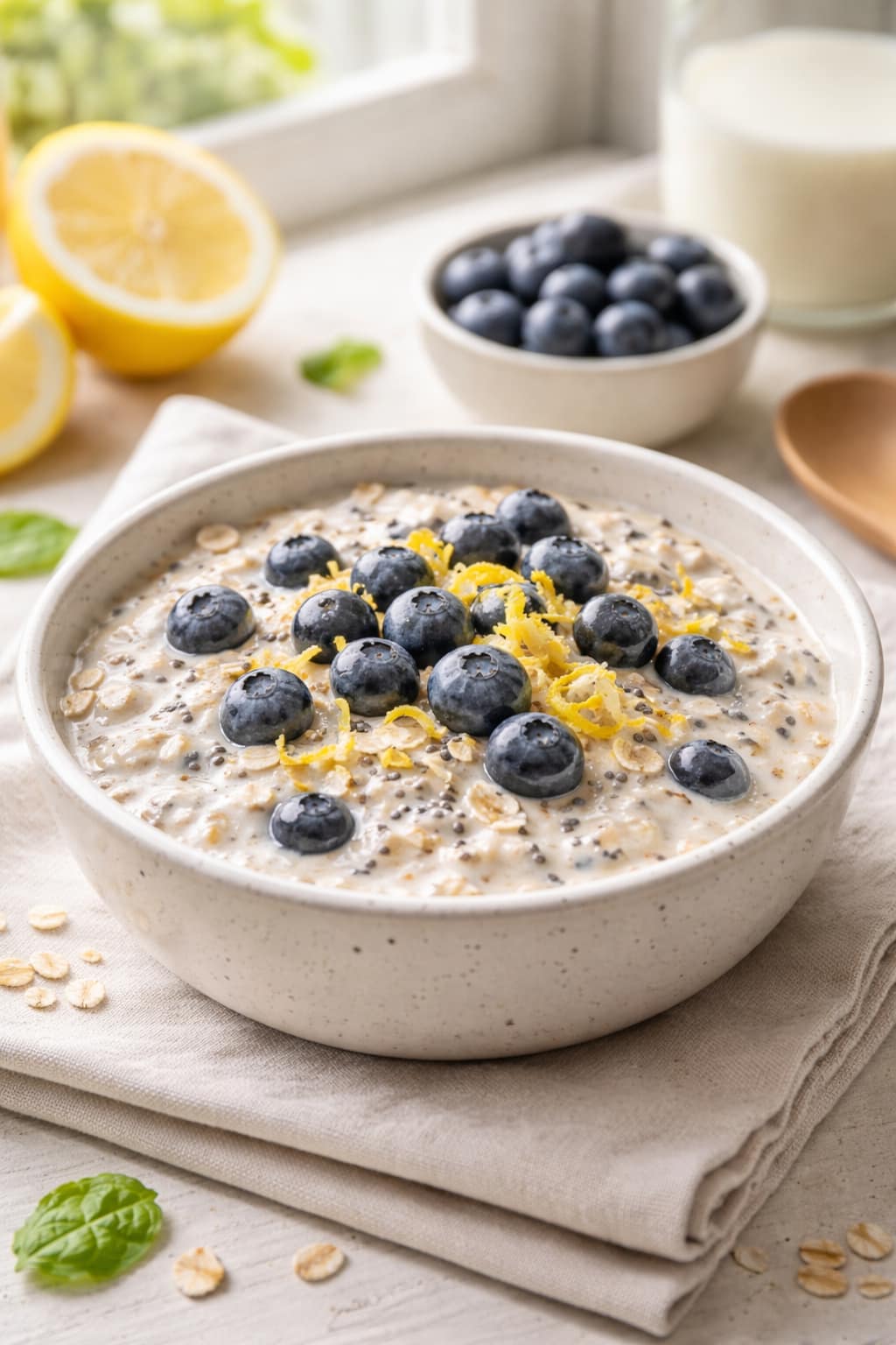 Blueberry Lemon Overnight Oats plated and ready to serve.