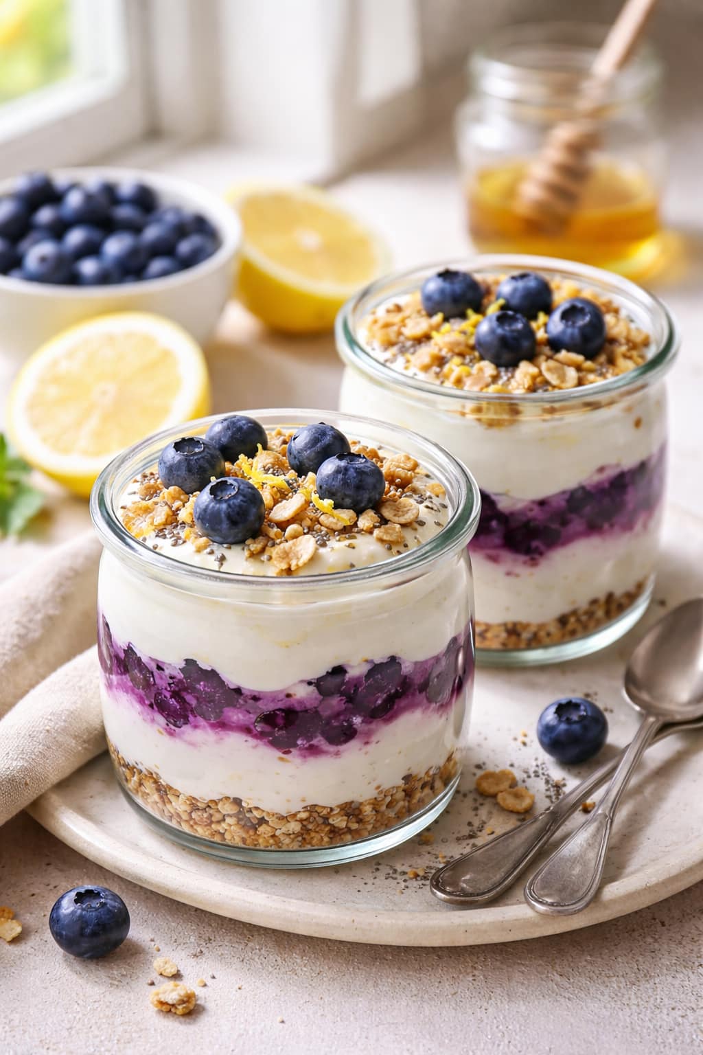 Blueberry Lemon Yogurt Pots plated and ready to serve.
