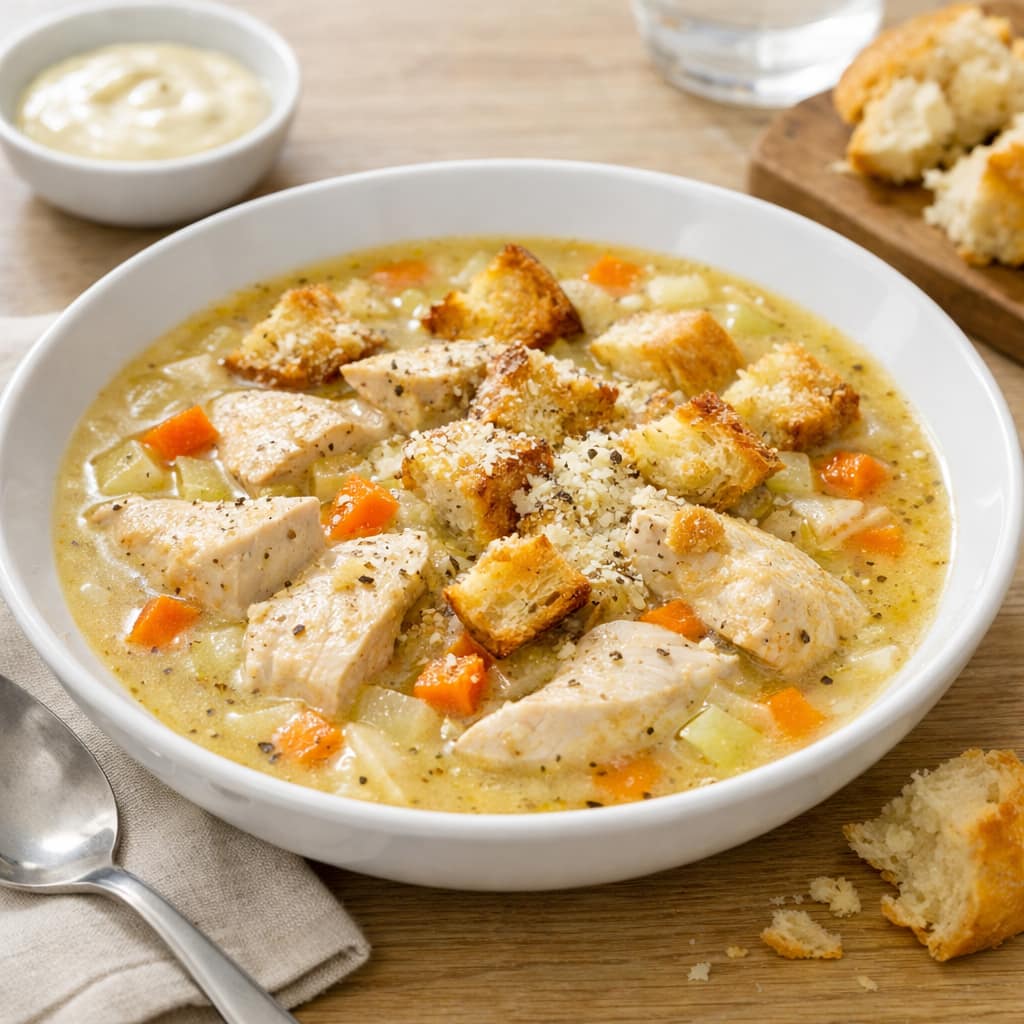 Chicken Caesar Soup Pots plated and ready to serve.