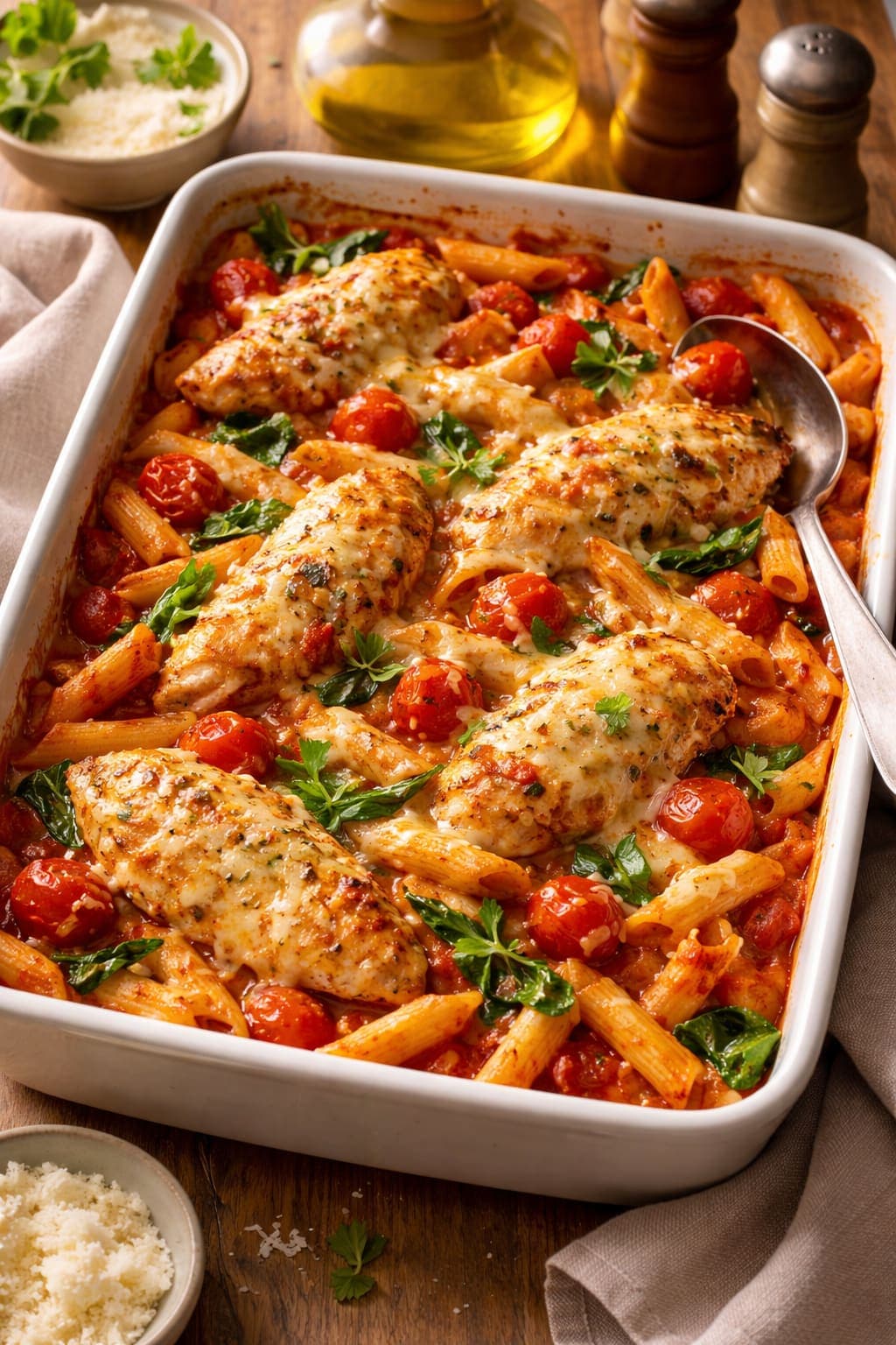 Chicken Tomato Pasta Bake plated and ready to serve.