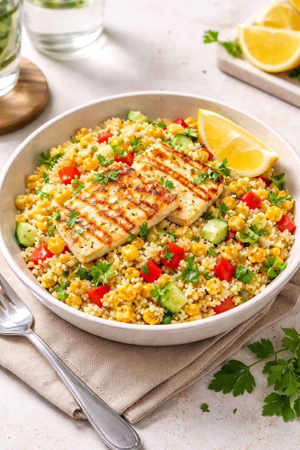 Halloumi Sweetcorn Couscous Boxes plated and ready to serve.