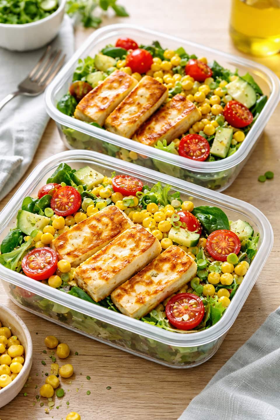 Halloumi Sweetcorn Salad Boxes plated and ready to serve.