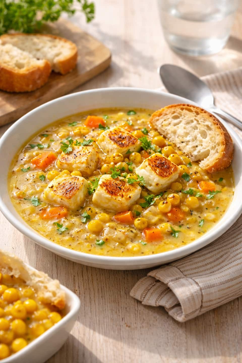 Halloumi Sweetcorn Soup Pots plated and ready to serve.
