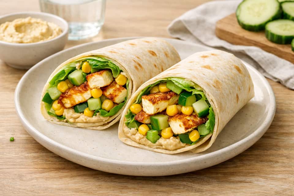 Halloumi Sweetcorn Wraps plated and ready to serve.