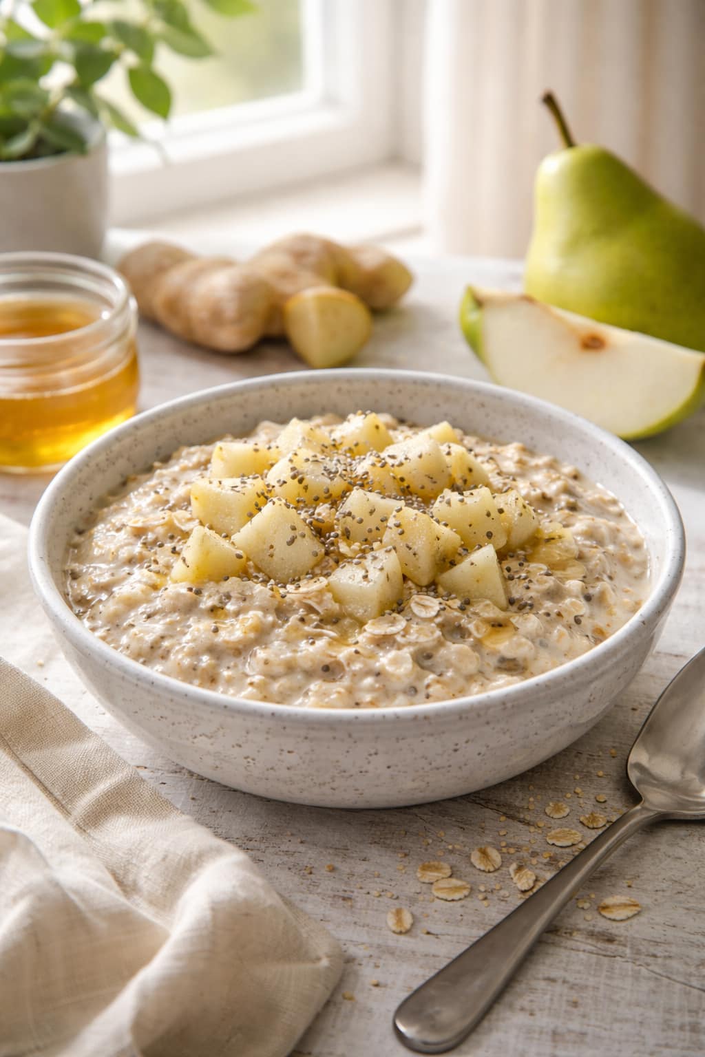 Pear Ginger Overnight Oats plated and ready to serve.