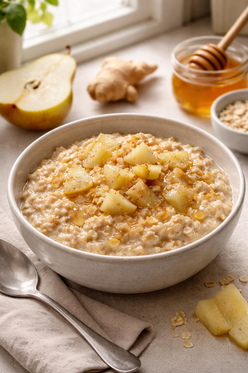 Pear Ginger Porridge plated and ready to serve.