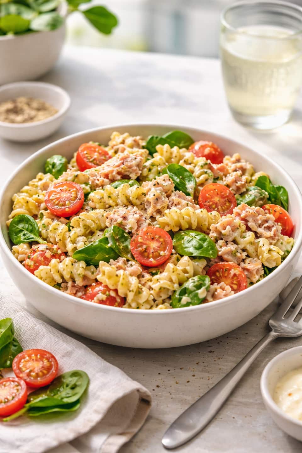 Tuna Mayo Pasta Salad plated and ready to serve.