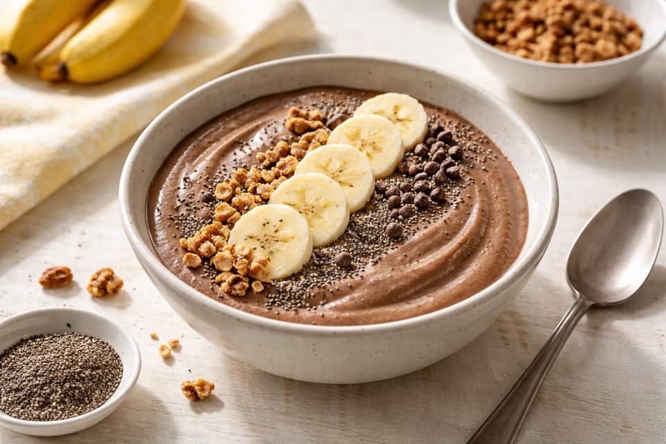 Banana Peanut Smoothie Bowls plated and ready to serve.